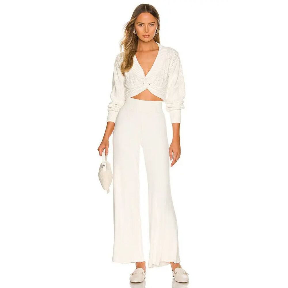 Free People Emilie Sweater Pants Ribbed Knit Wide Leg Cream Cotton Women sz XL